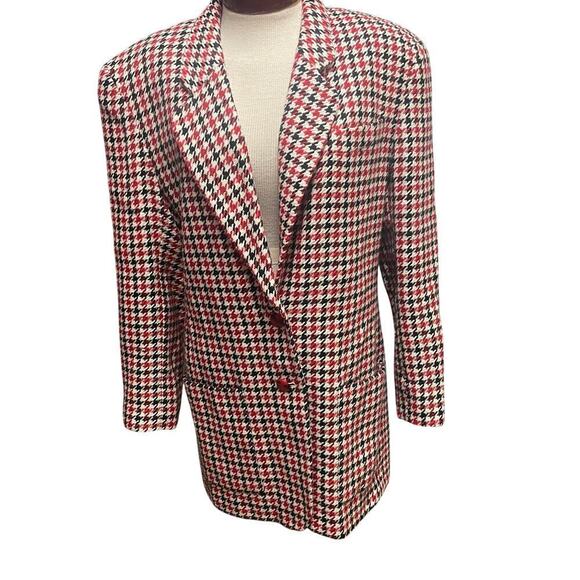 Vtg Paul Stanley Red Black Houndstooth Blazer Sz 10 Long Jacket Double Button - Picture 1 of 6
